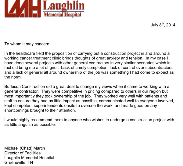 Recommendation Letter For Services Provided from www.burlesonconstruction.com