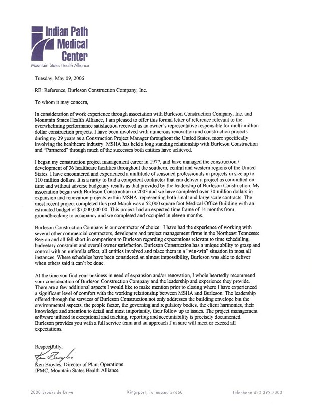 Letter Of Recommendation For Company from www.burlesonconstruction.com